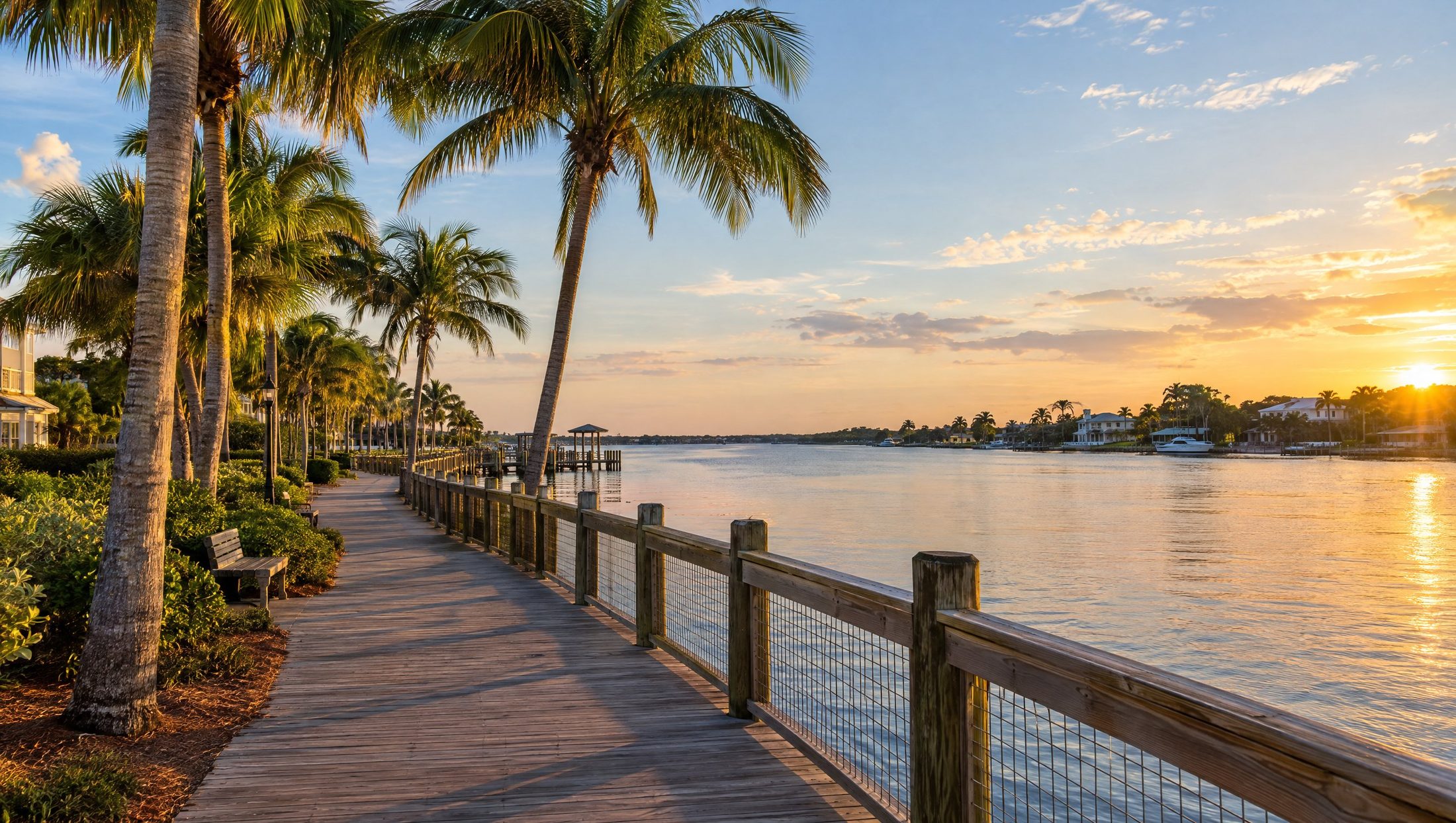 A palm-lined waterfront boardwalk at sunset, where Steven Rich helps clients build tax-efficient retirement strategies