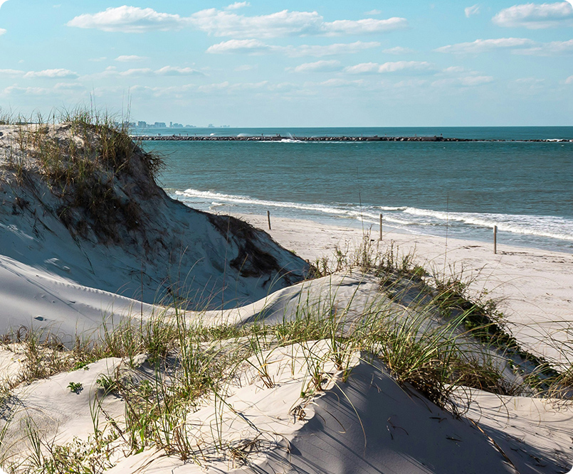 Sand dunes and sea oats overlooking a rock jetty on the Volusia County, Florida coast